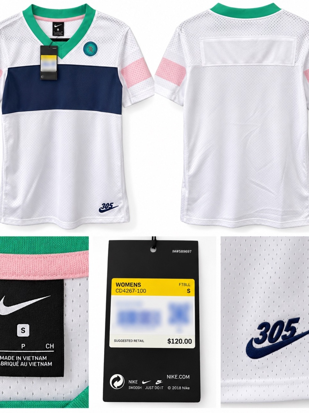 Nike White Mesh Youth Jersey with Navy Chest Band & Green Collar